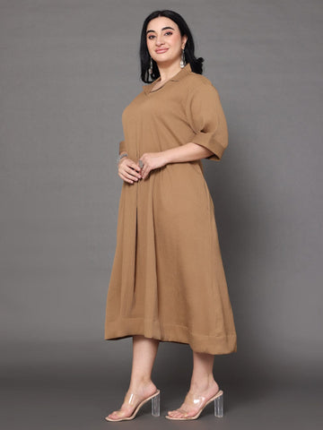 Varanga Women Plus Size Beige Shirt Collar A Line Dress